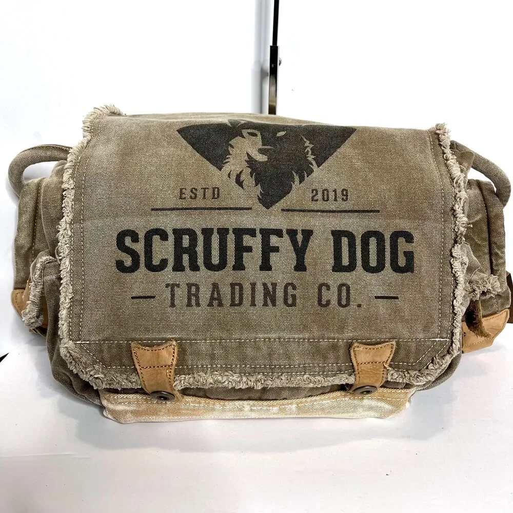 Scruffy Dog Trading Co Vtg Messenger Khaki Canvas Tan Leather Shoulder Bag